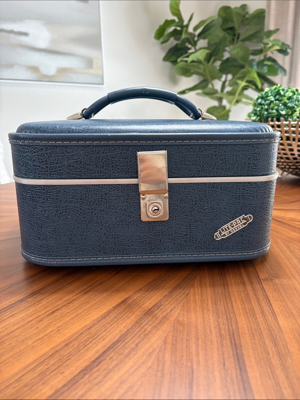 Blue Vintage Train Case with Top Handle by Neevel